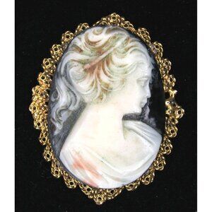 Vintage-Style Gold Tone on Black Cameo Brooch